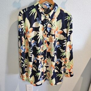 Lauren Ralph Lauren 3X Navy Tropical Floral Button Up Tunic Blouse